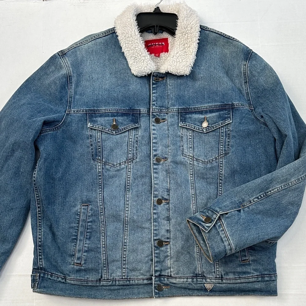 New Guess Denim Jacket with Sherpa Collar SZ XXL